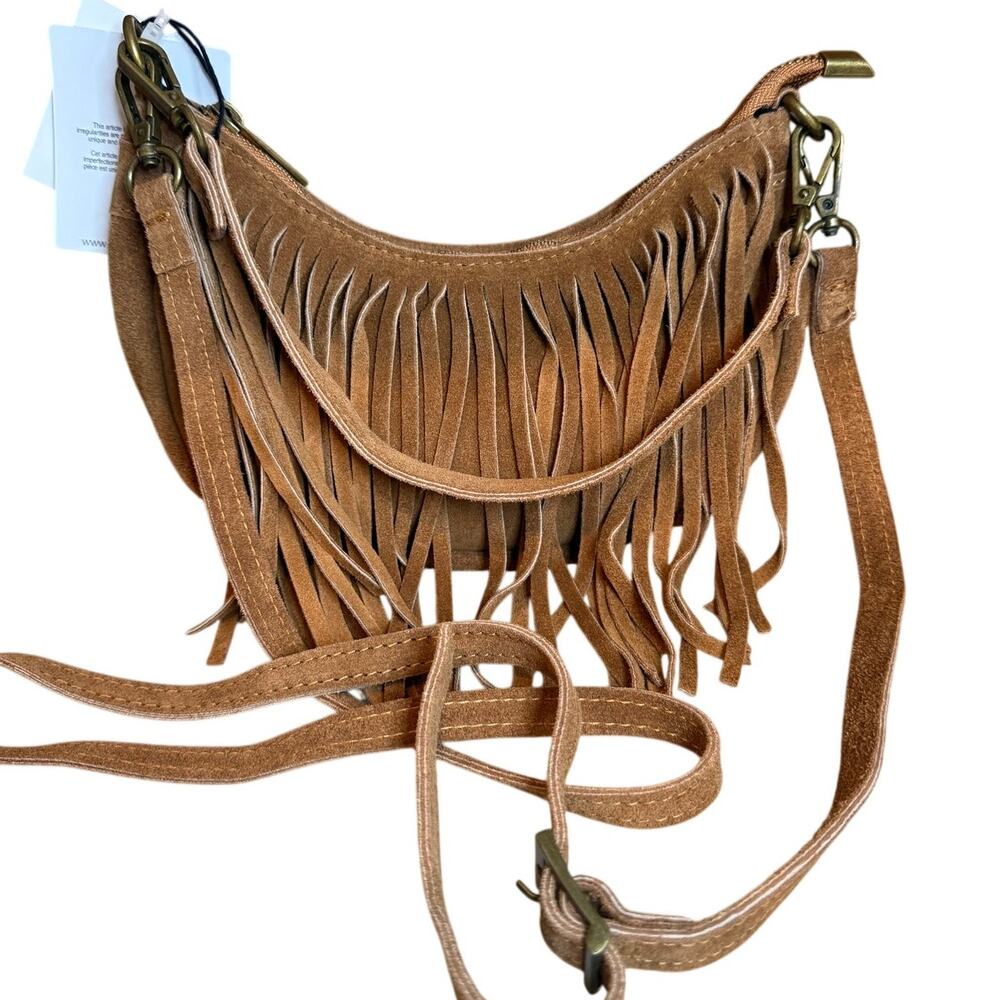 Marlon Genuine Suede Fringe Crescent Hobo Bag Whiskey Brown